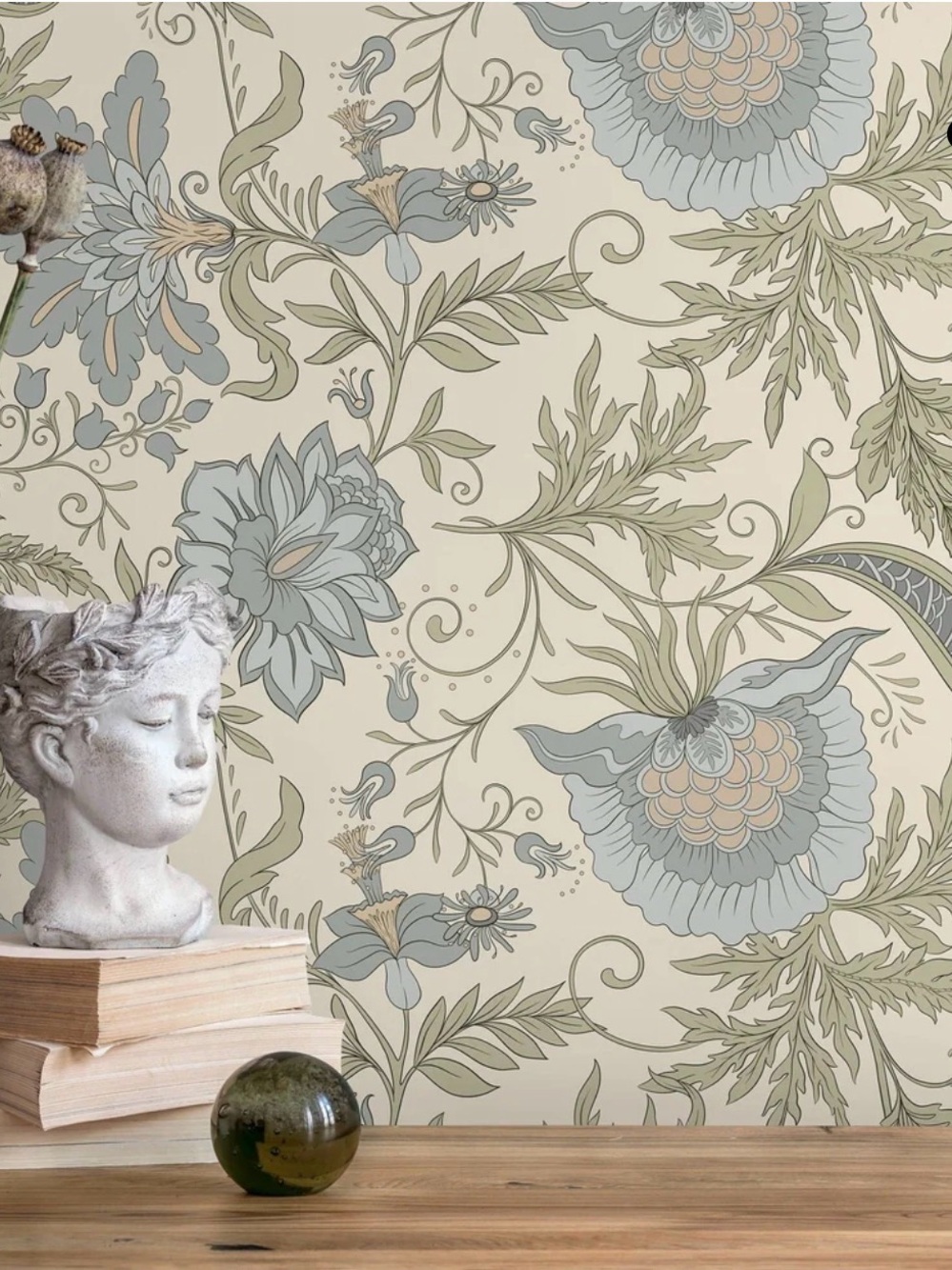 Botanical Scroll Wallpaper Panel in Sage Green and Cream